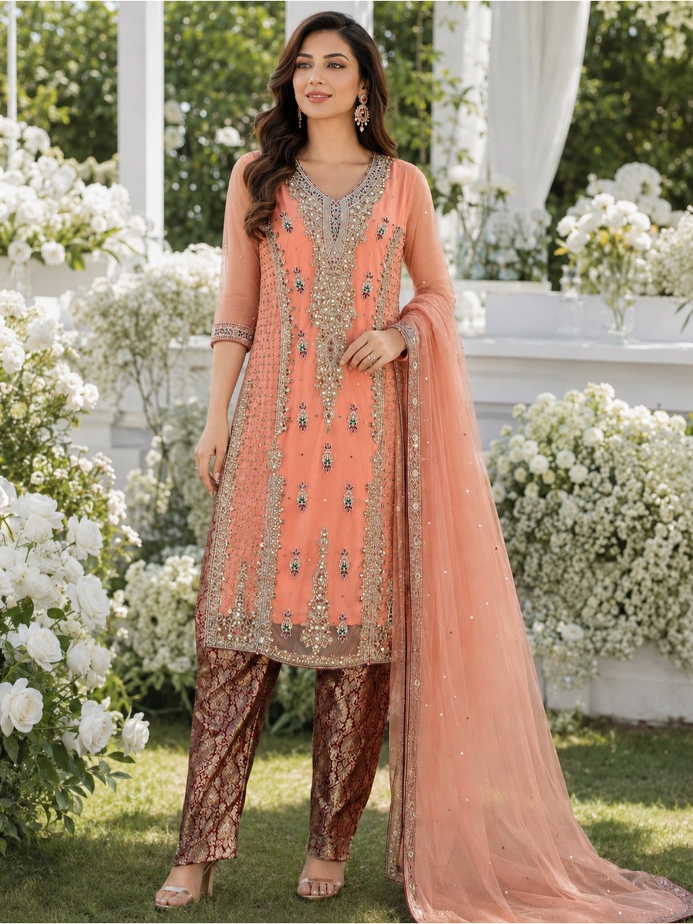 3-piece salwar suit featuring a heavily embellished kameez with intricate
